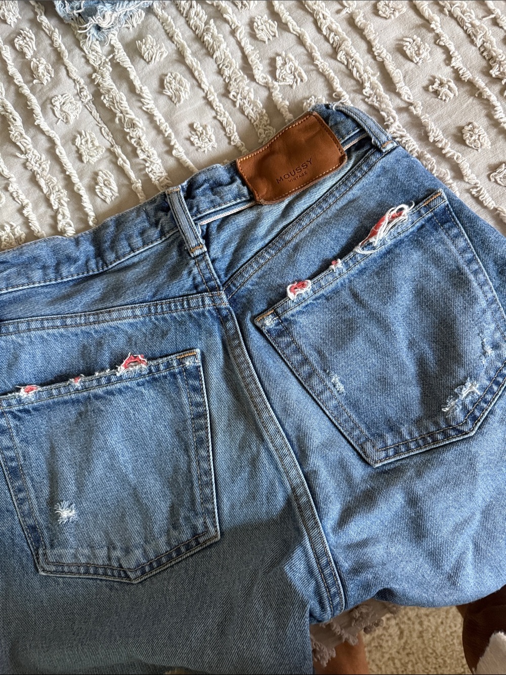 Moussy Vintage Blue Distressed Denim Shorts with Leather Patch Size 25